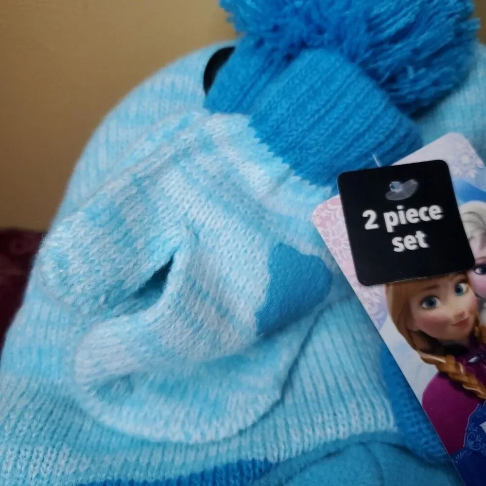Disney Frozen OSFM Beanie Mittens Set Girls Blue Elsa Anna Winter Hat‎ 2pc NWT